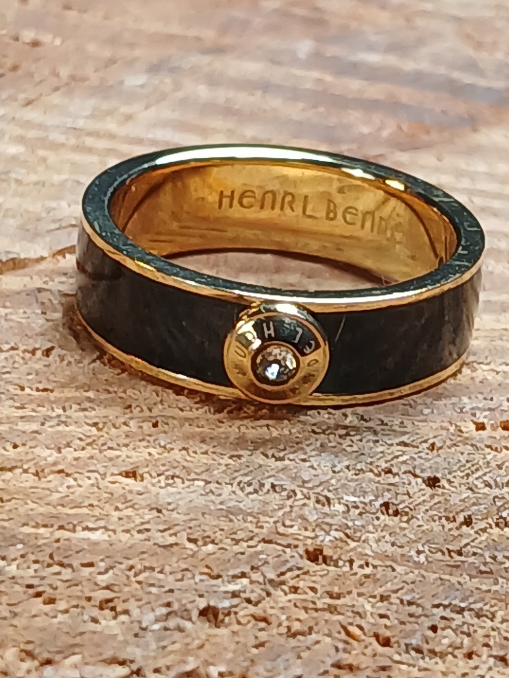 Henri Bendel Gold & Black Enamel Ring with Crystal Accent Size 7.75